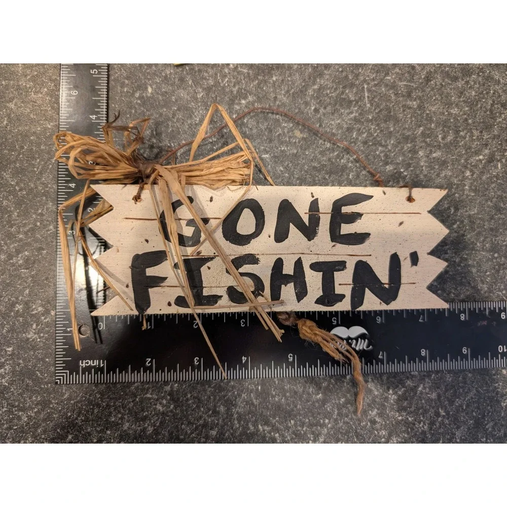 Vintage 1994 Janet Hand Painted Gone Fishin Wooden Sign Rustic Cabin Wall Decor